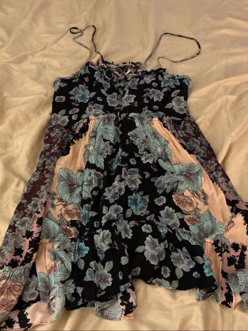 Free People Black Floral Patchwork Sundress with Teal and Blush Accents